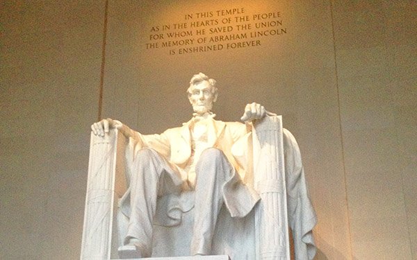 The presence of Abraham Lincoln is palpable in his sombre monument at Washington DC